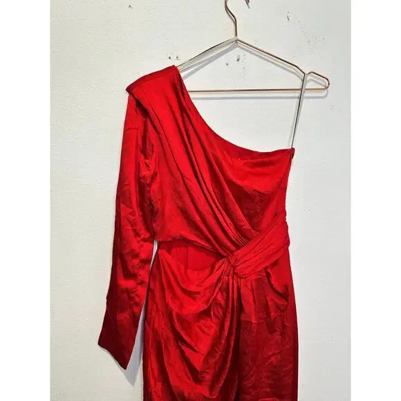 ML MONIQUE LHUILLIER Red Drapey One Shoulder Thigh Grazing Slit Gown size 4